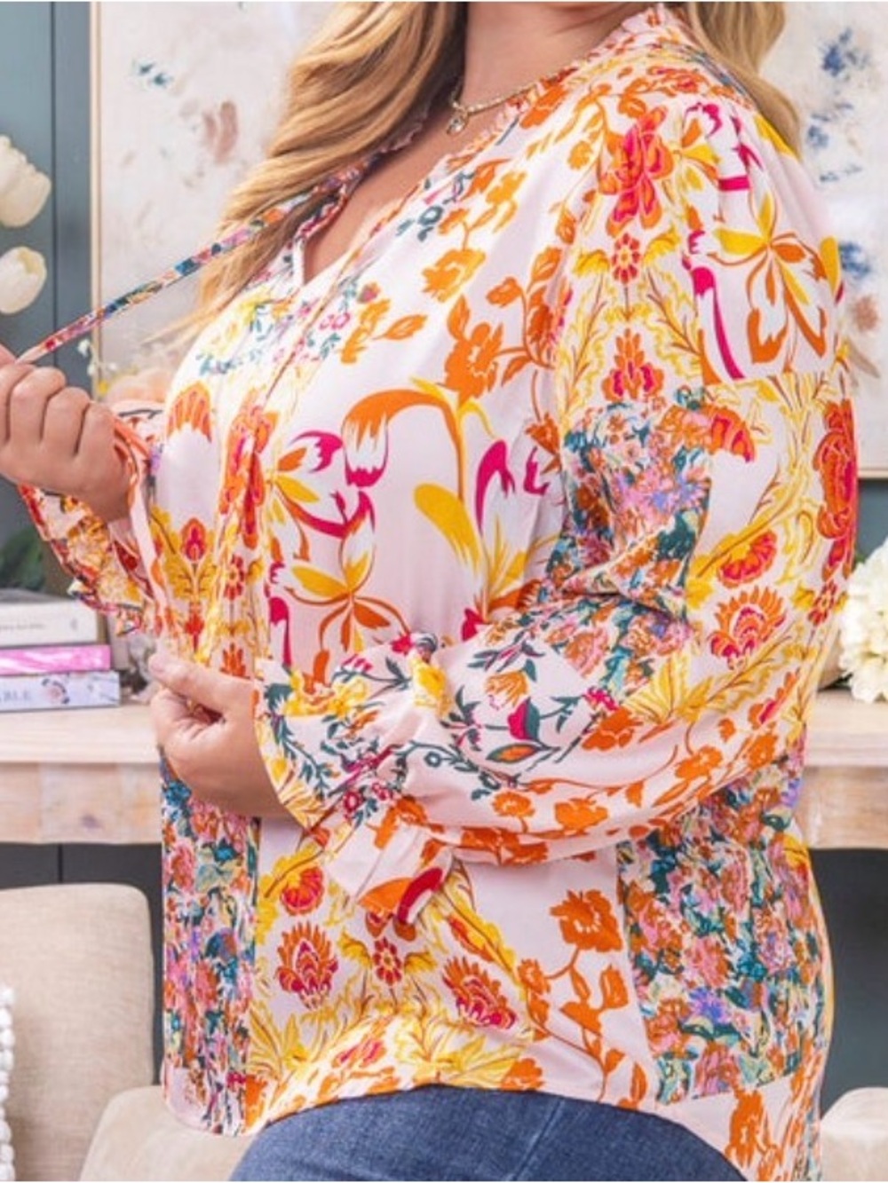 Floral Patchwork Tie-Neck Women's long sleeve Top Pink / Yellow. Medium. Jodifl - Picture 7 of 8